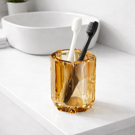 Pahar baie din cristal auriu pentru periute de dinti, design diamant, 10 cm, Havona
