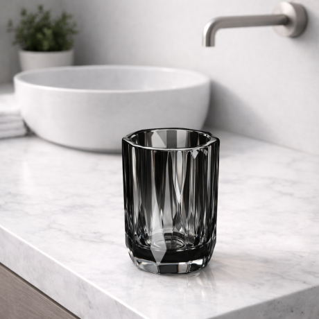 Pahar baie din cristal antracit pentru periute de dinti, design fatetat, 10 cm, Havona