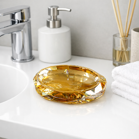 Sapuniera baie din cristal auriu, design diamant, forma ovala, 12.6 cm, Havona