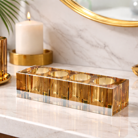 Suport periute dinti din cristal auriu, 4 compartimente, design diamant, 22 cm, Havona