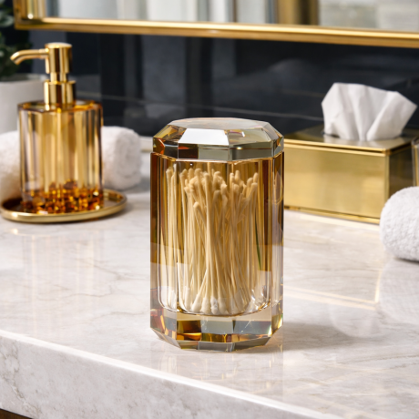 Recipient pentru betisoare de urechi din cristal auriu cu capac, design diamant, 13 cm, Havona