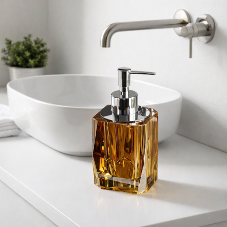 Dispenser sapun lichid din cristal auriu cu pompa metalica, design diamant, 16 cm, Havona