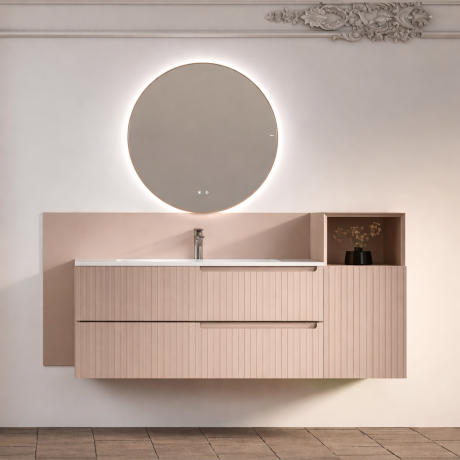 Set mobilier baie Fiora Synergy – unitate cu 2 sertare 60 cm + cabinet vanity 40 cm + blat Silexpol + oglindă Tondo 70 cm