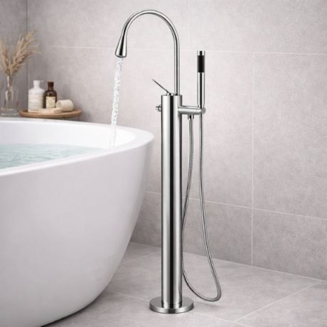 Baterie cada freestanding crom cu dus de mana